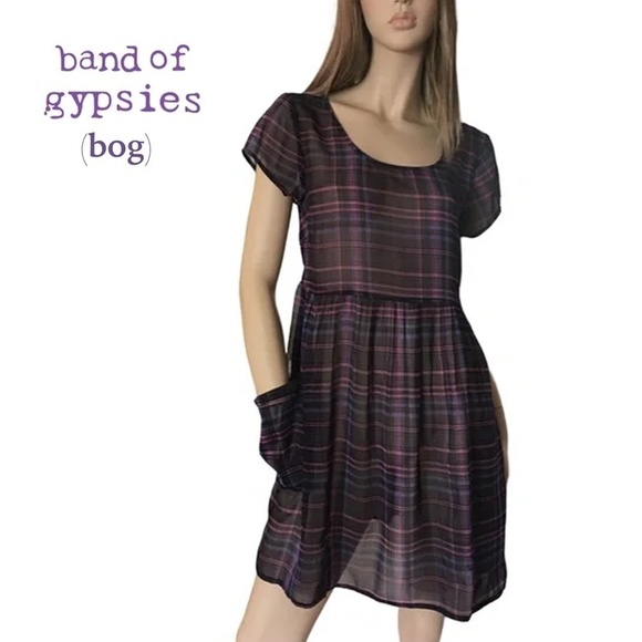 Band of Gypsies (BOG) Babydoll Plaid Dress Semi Sheer Pockets Tie Back Plaid - Picture 1 of 11